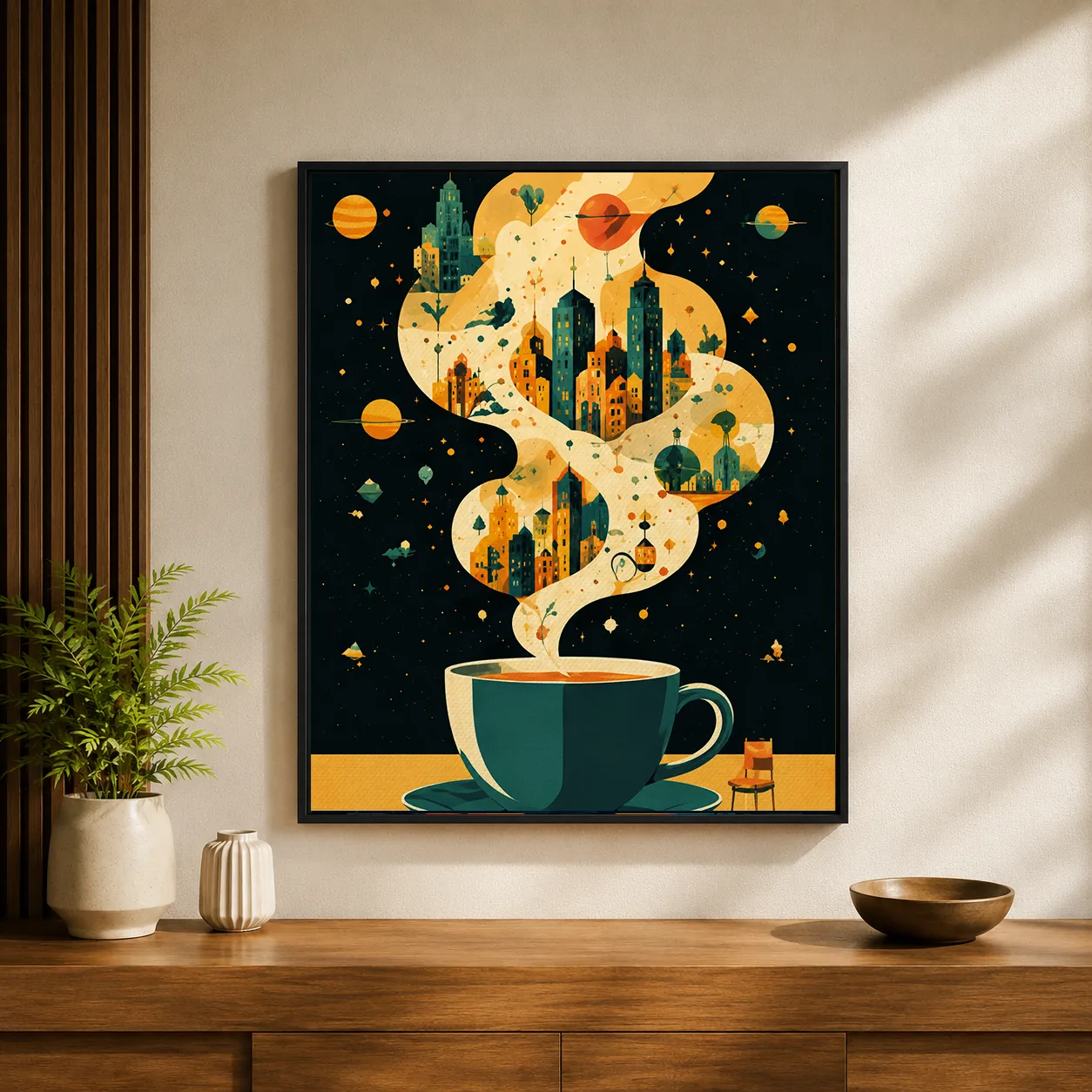 Retro Cosmic Coffee City Canvas Print - Surreal Floating Steam Skyline Wall Art