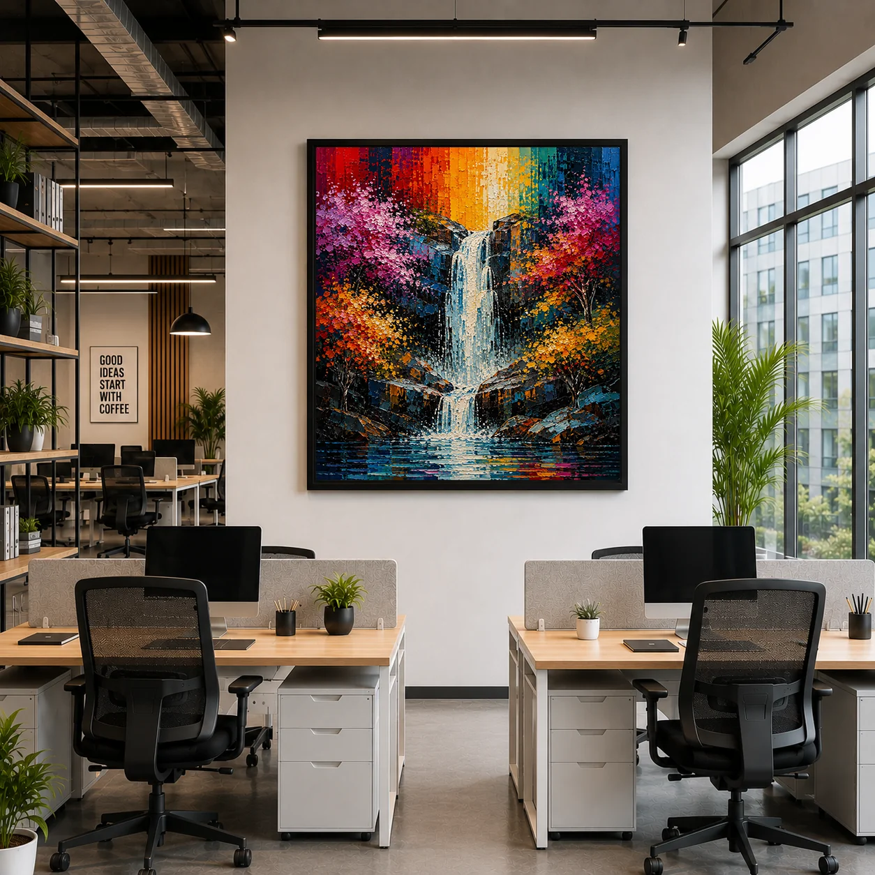 Waterfall Mountain Landscape Color Maximal Canvas Print - Retro Impasto Nature Wall Art for Home &