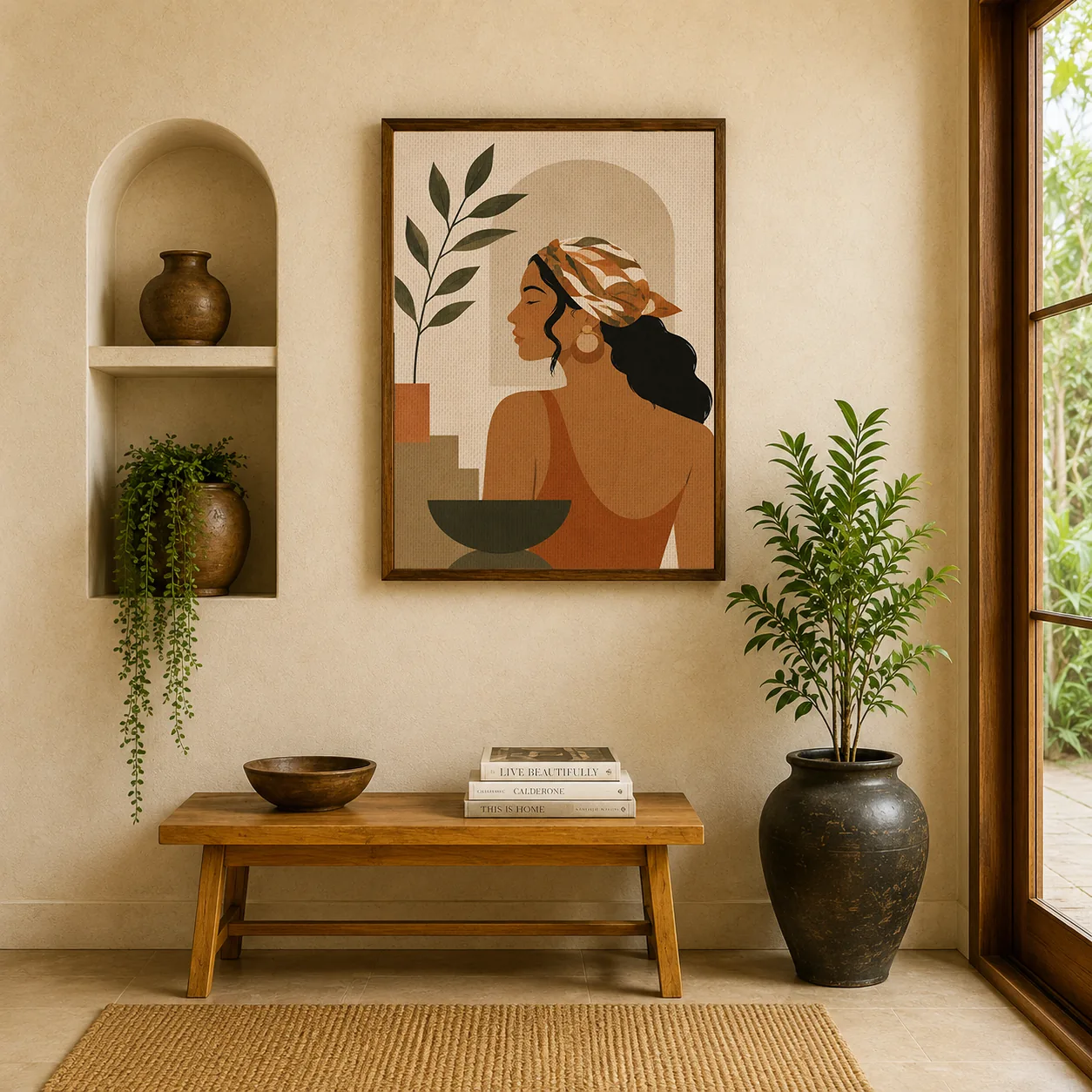 Minimalist Woman in Headscarf Canvas Print - Terracotta & Olive Green Boho Wall Art