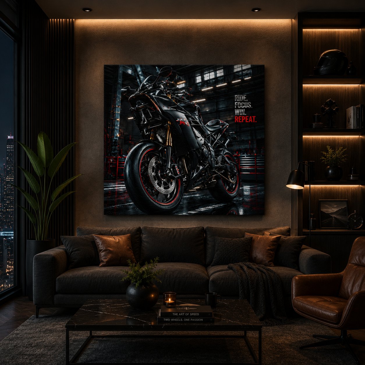 BMW S1000RR Motorcycle Wall Art – Stealth Black Cyberpunk Garage Canvas Print - Image 4