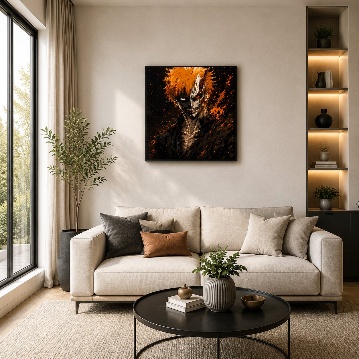 Bleach Ichigo Kurosaki Anime Wall Art – Half Hollow Mask Orange Splatter Canvas Print - Image 2