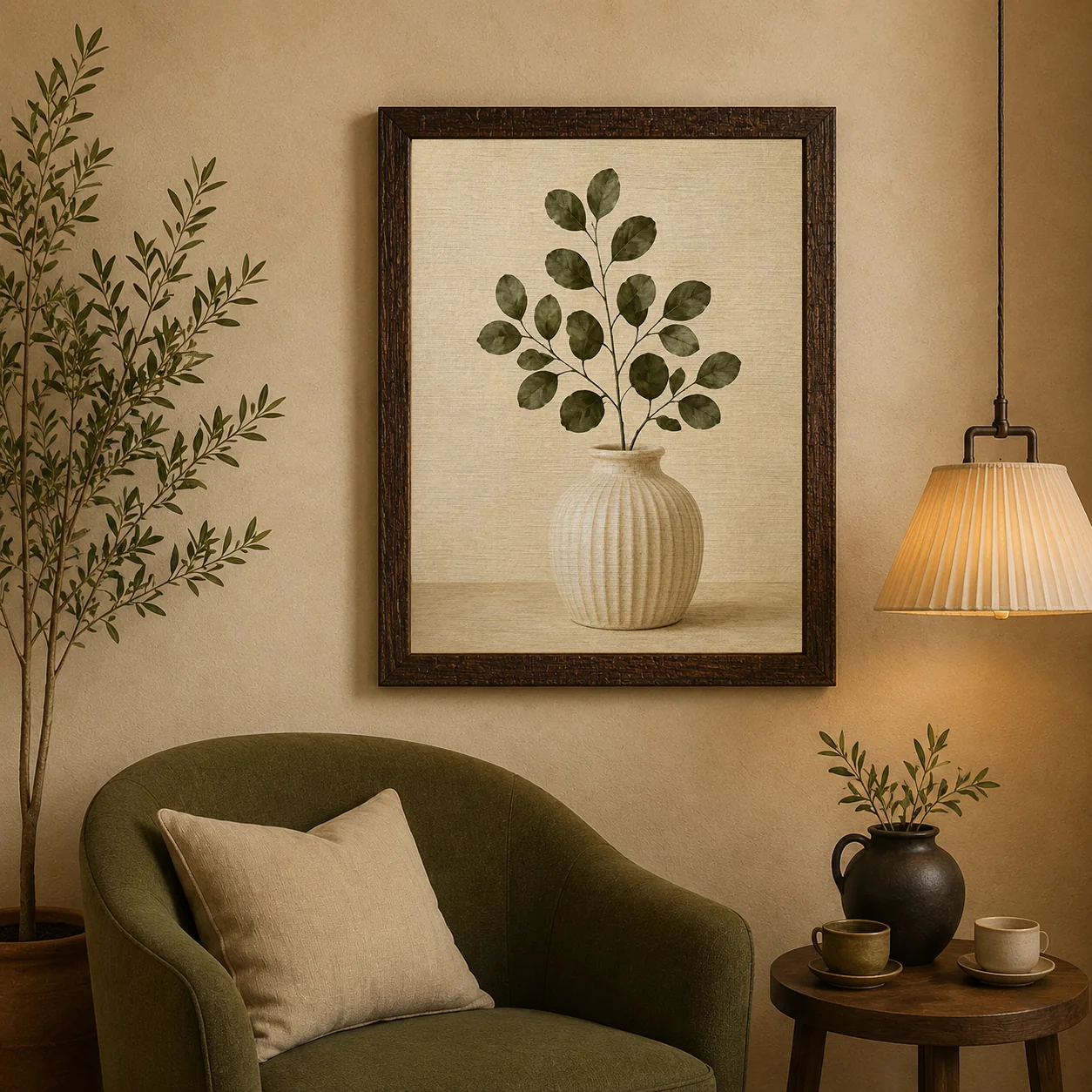 Minimalist Botanical Branch in Ceramic Vase Canvas Print - Warm Neutral Leaf Still Life Wall Art