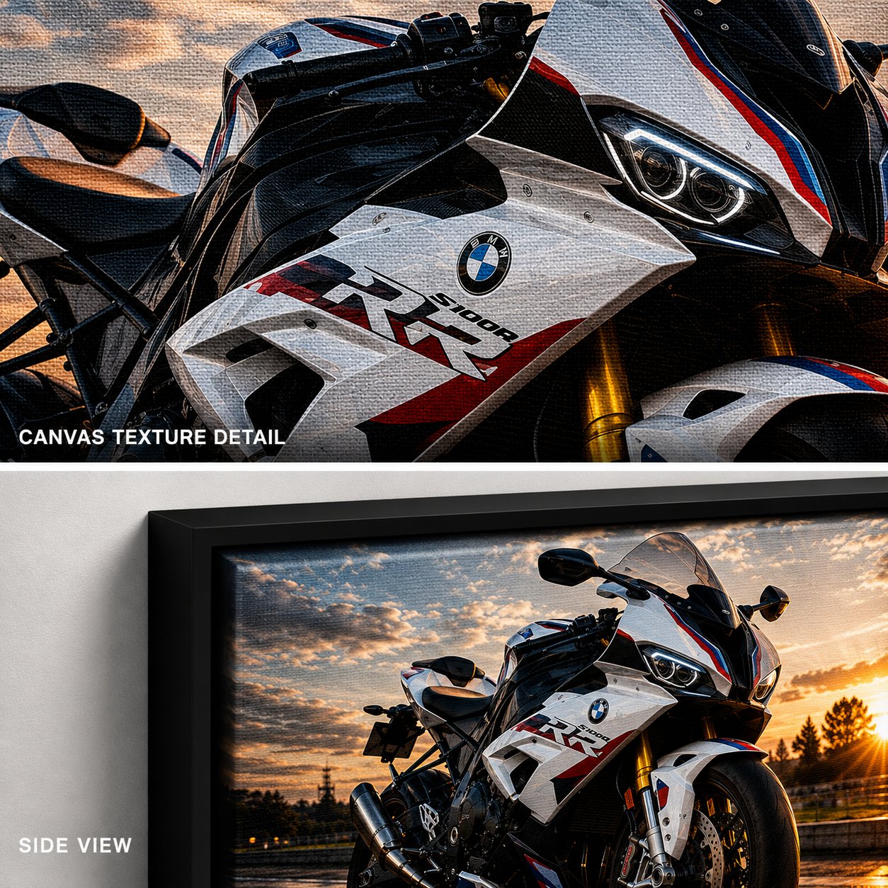 BMW S1000RR Motorcycle Wall Art – Motorsport White Trackside Sunset Canvas Print - Image 3