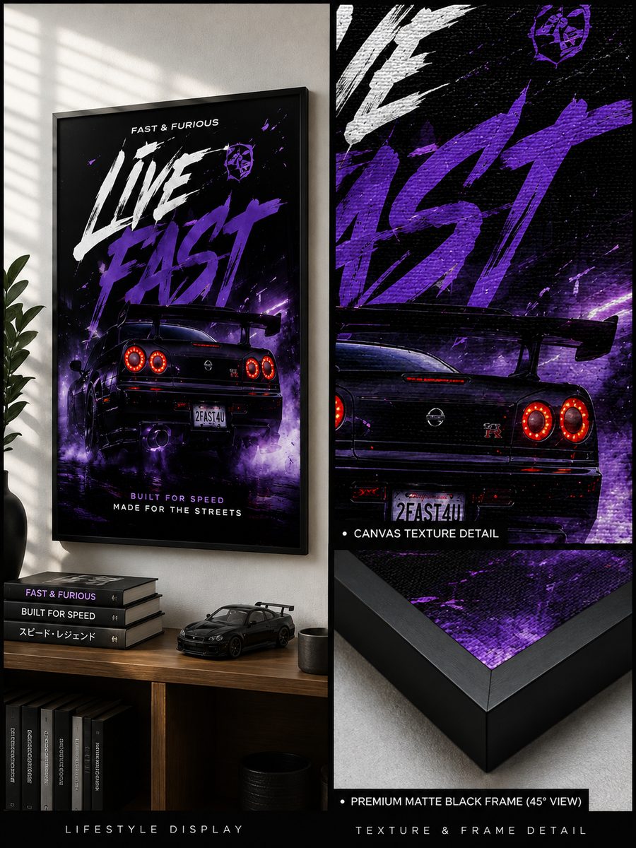 JDM Nissan Skyline GT-R R34 Canvas Poster – Live Fast Fast & Furious Street Racing Wall Art - Image 4