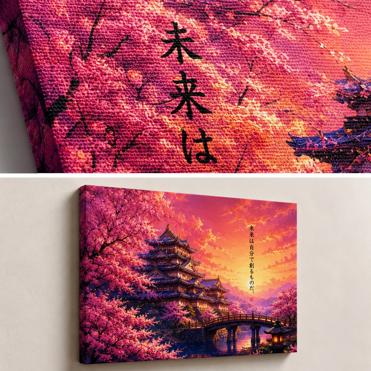 Japanese Pagoda Castle Wall Art – Cherry Blossom Sakura Sunset Canvas Print - Image 4
