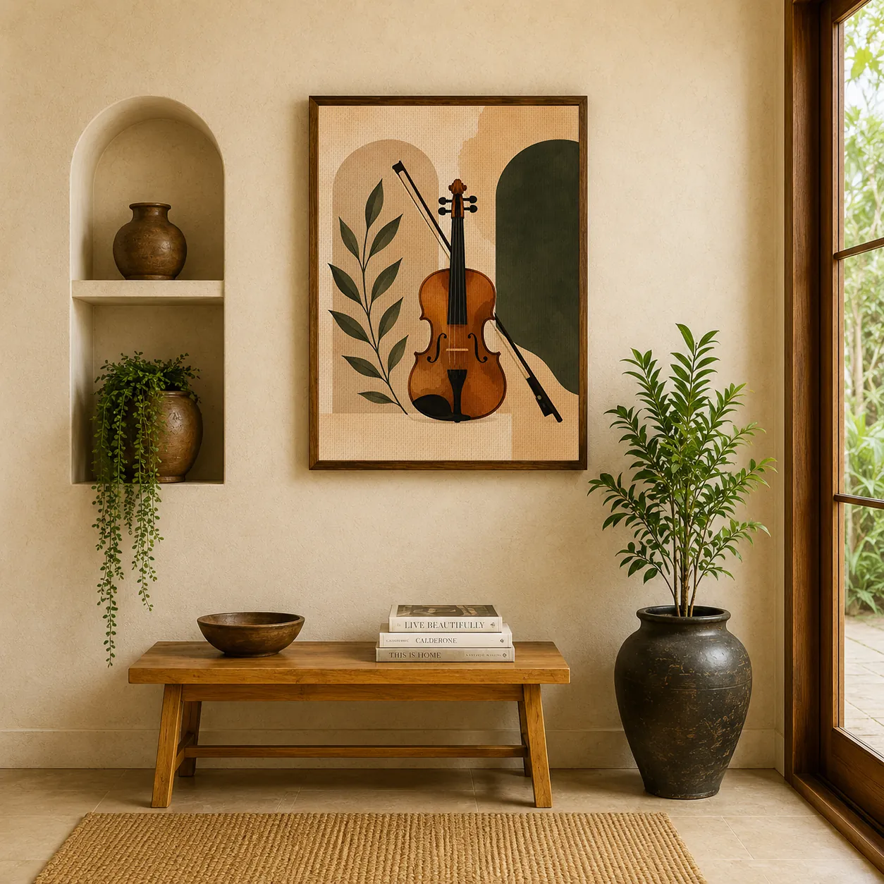 Minimalist Classical Violin & Arch Canvas Art – Organic Modern Boho Musical Print