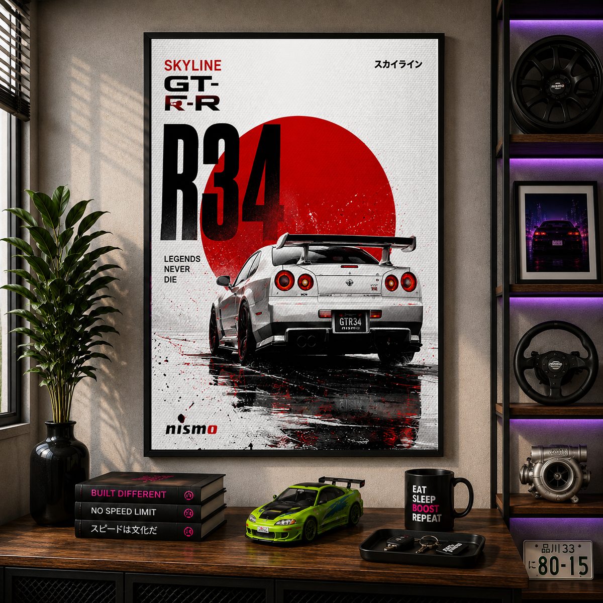 JDM Nissan Skyline GT-R R34 Canvas Poster – Nismo Legends Never Die Japanese Car Wall Art