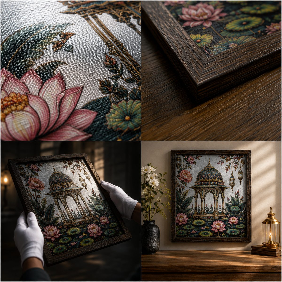 Luxury Mughal Pavilion Canvas Art – Premium Silver Metallic Lotus Garden Print - Image 4