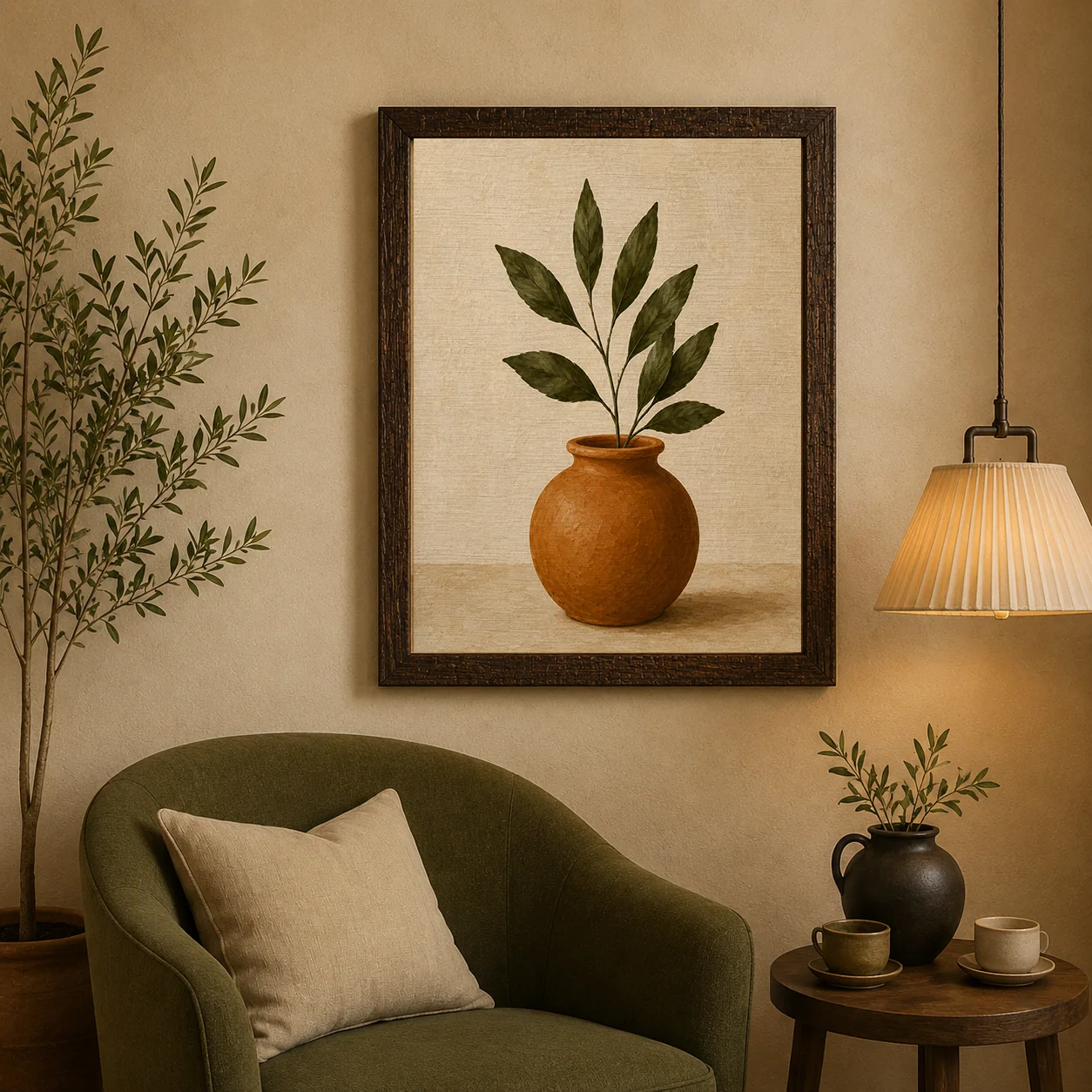 Minimalist Terracotta Vase with Green Leaves Canvas Print - Earthy Botanical Still Life Wall Art