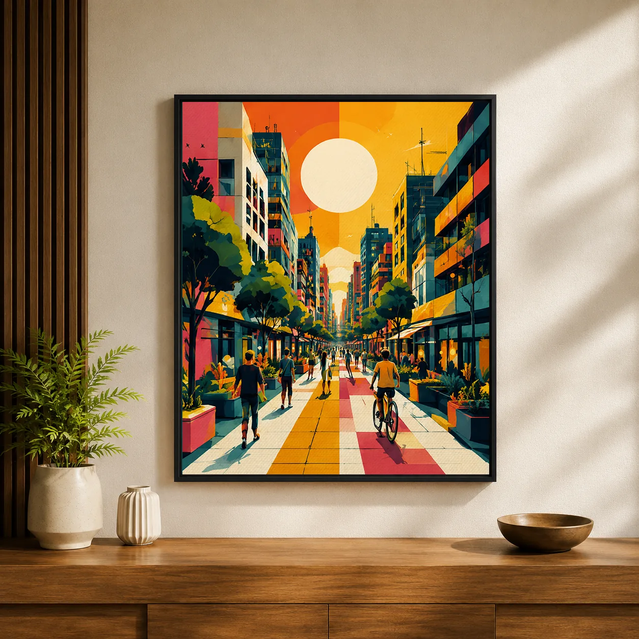 Retro City Boulevard Canvas Print - Vibrant Sunlit Cityscape Wall Art