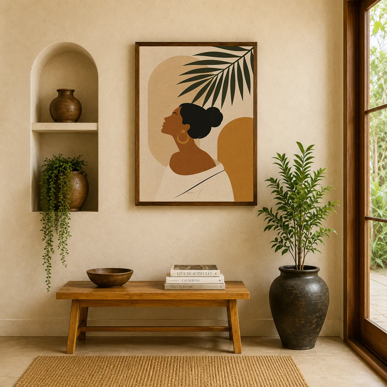 Minimalist Female Portrait & Palm Leaf Canvas Art – Organic Modern Boho Woman Print