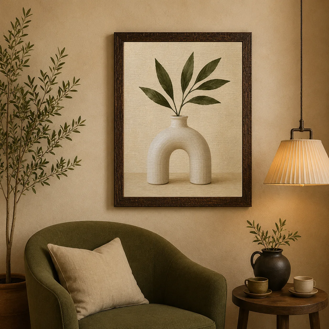 Minimalist Arch Vase with Green Leaves Canvas Print - Warm Cream Botanical Still Life Wall Art