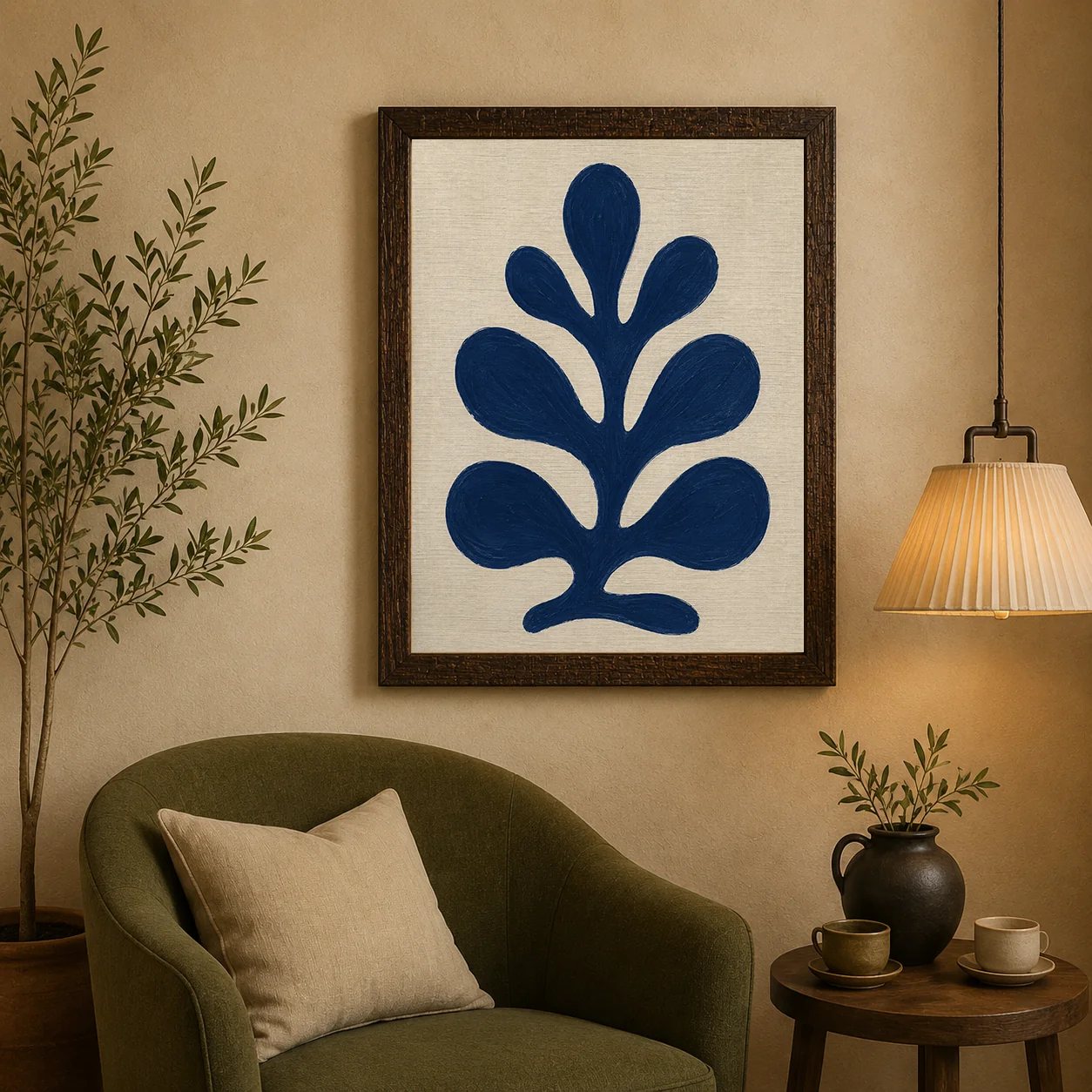 Matisse-Style Abstract Blue Coral & Leaf Canvas Print - Neutral Beige Botanical Wall Art