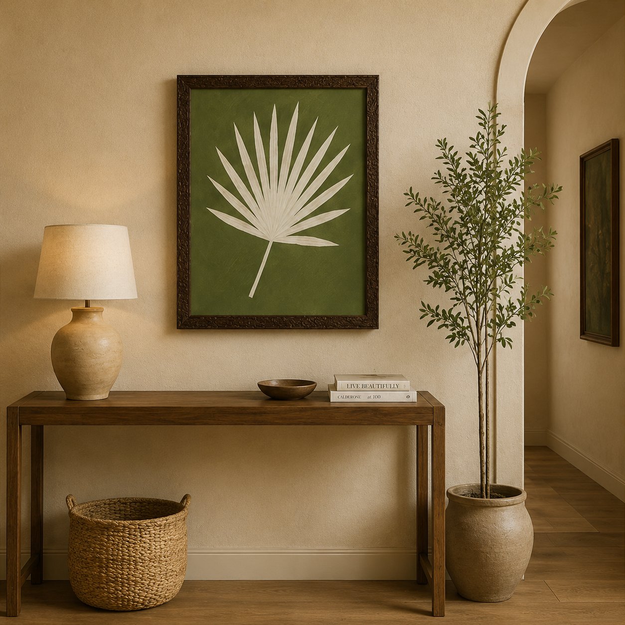 Minimalist Fan Palm Leaf Canvas Art – Organic Modern Sage Green Botanical Print