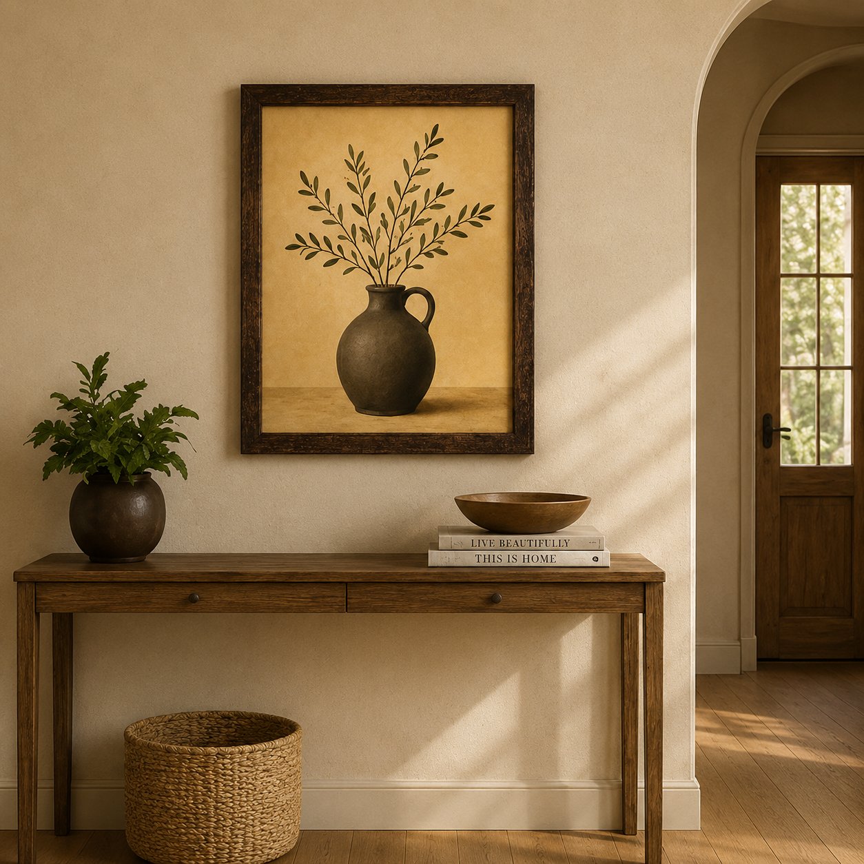 Minimalist Terracotta Jug & Olive Branch Canvas Art – Organic Modern Botanical Print
