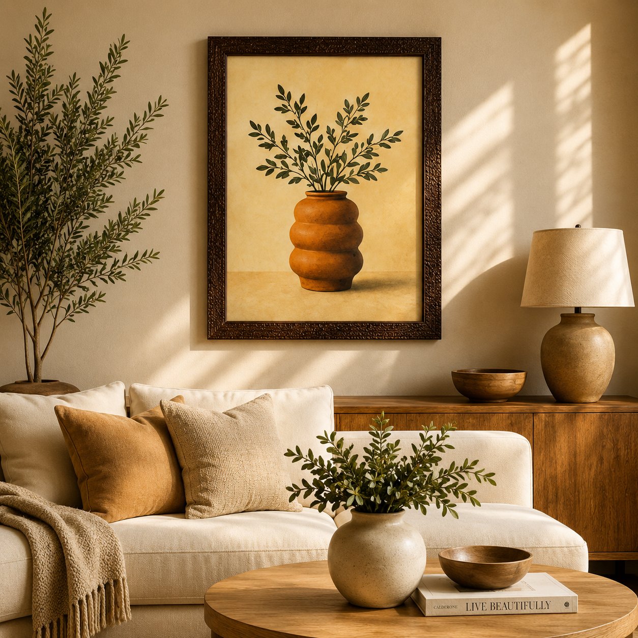 Minimalist Terracotta Ribbed Vase & Olive Branch Canvas Art – Organic Modern Botanical Print