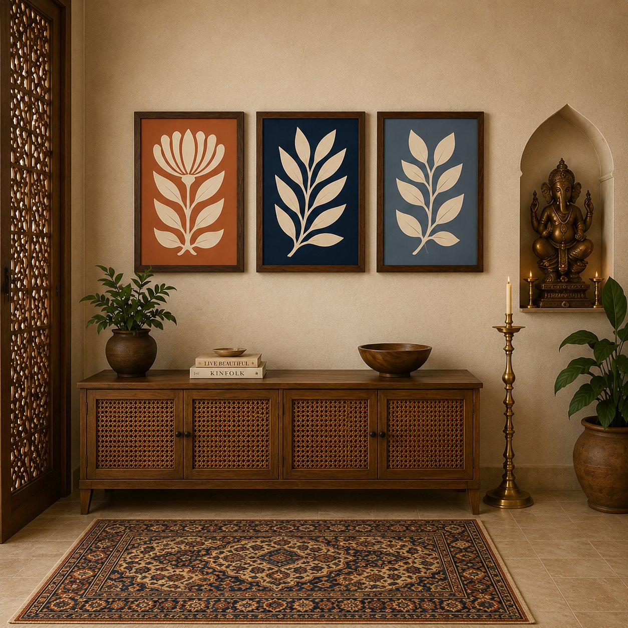 Minimalist Botanical Blooms & Leafy Branches Canvas Art – Organic Modern Triptych Print Set