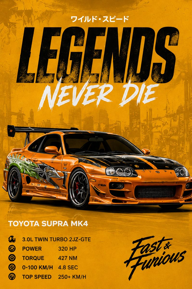 Toyota Supra MK4 JDM Wall Art – Fast & Furious Orange Legends Never Die Canvas - Image 4