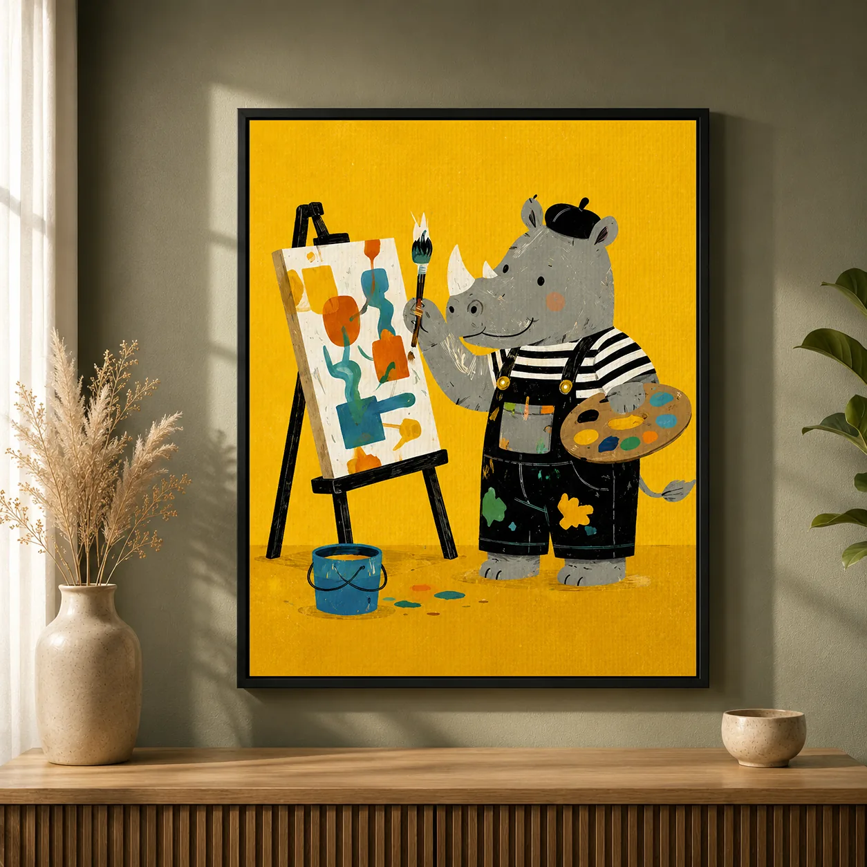 Cute Artist Rhino Painting Canvas Print - Creative Animal Artist Kids Wall Art
