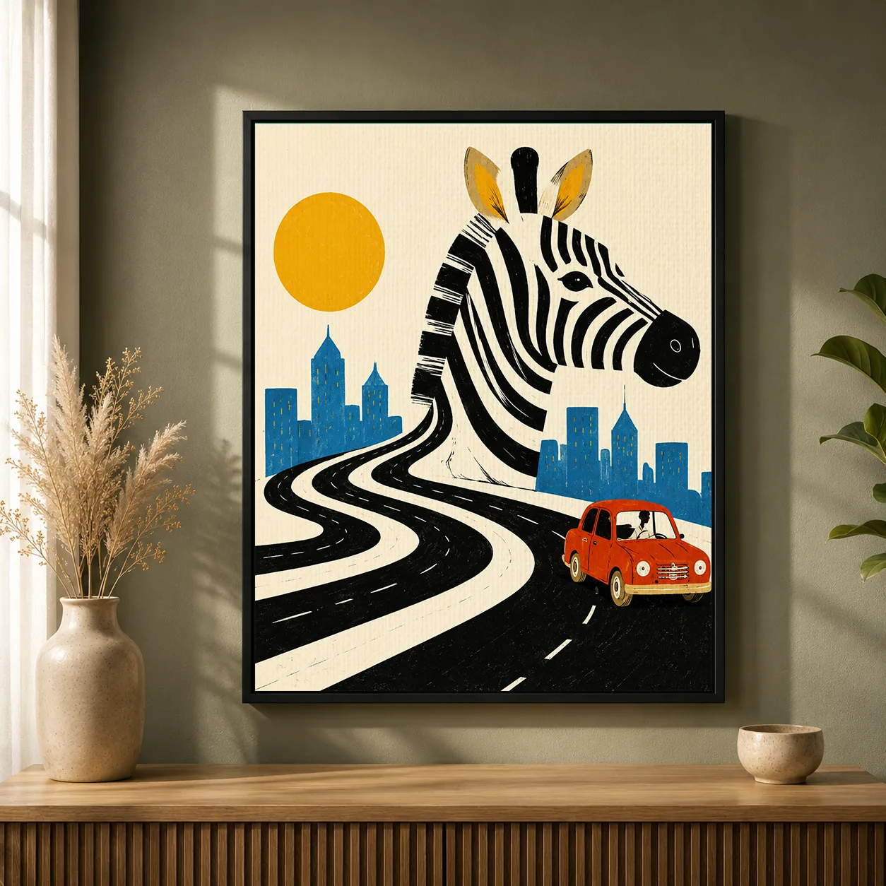 Zebra Crossing City Skyline Canvas Print - Surreal Safari & Red Car Kids Wall Art