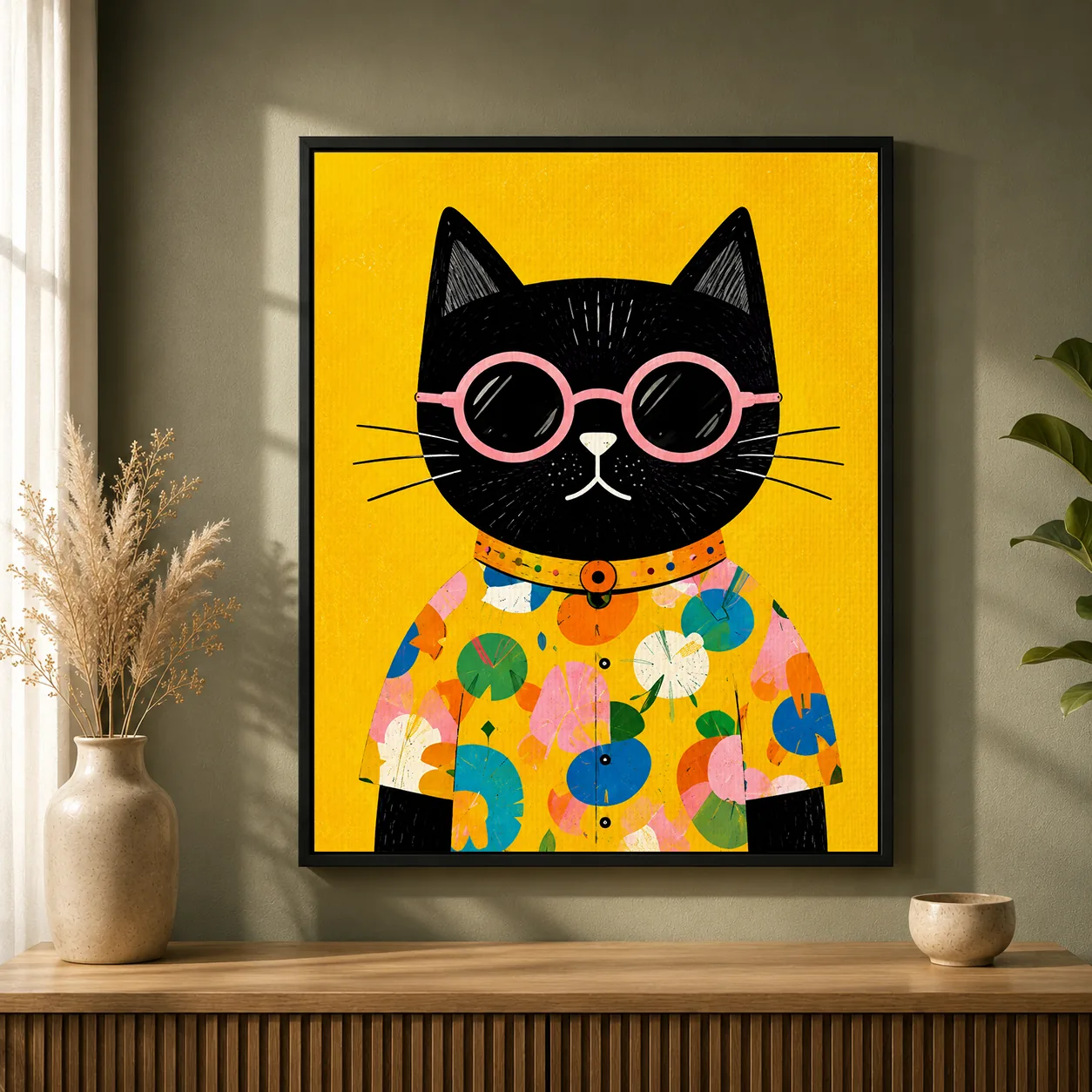 Cool Black Cat in Hawaiian Shirt Canvas Print - Retro Cat with Sunglasses Kids Wall Art