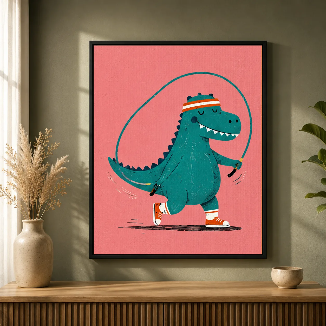 Jump Rope Dinosaur Canvas Print - Cute T-Rex Fitness Kids Wall Art