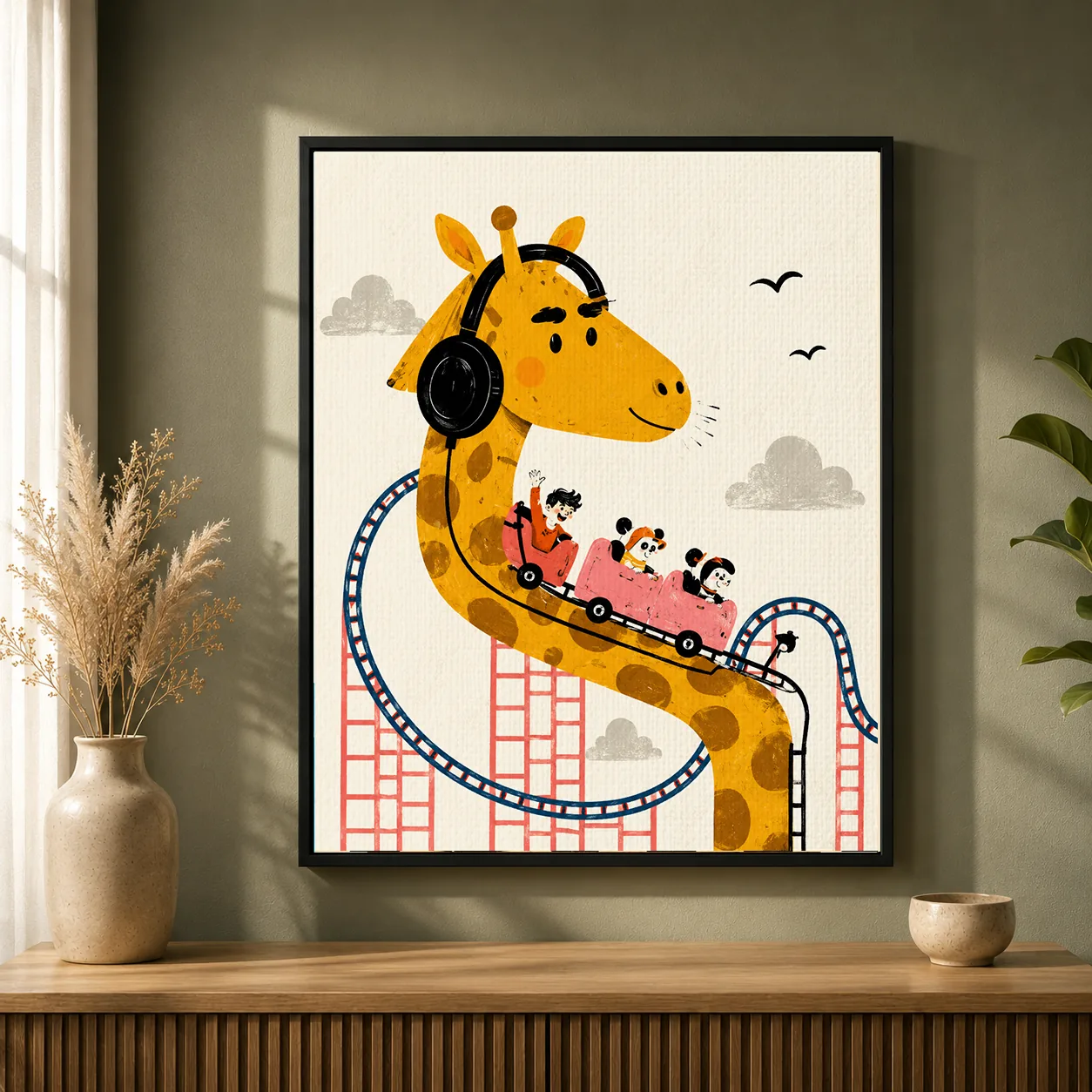 Giraffe Roller Coaster Canvas Print - Whimsical Amusement Park Kids Wall Art