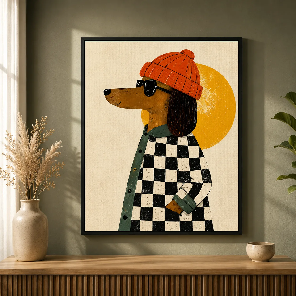 Cool Dachshund in Beanie & Sunglasses Canvas Print - Retro Dachshund Dog Kids Wall Art