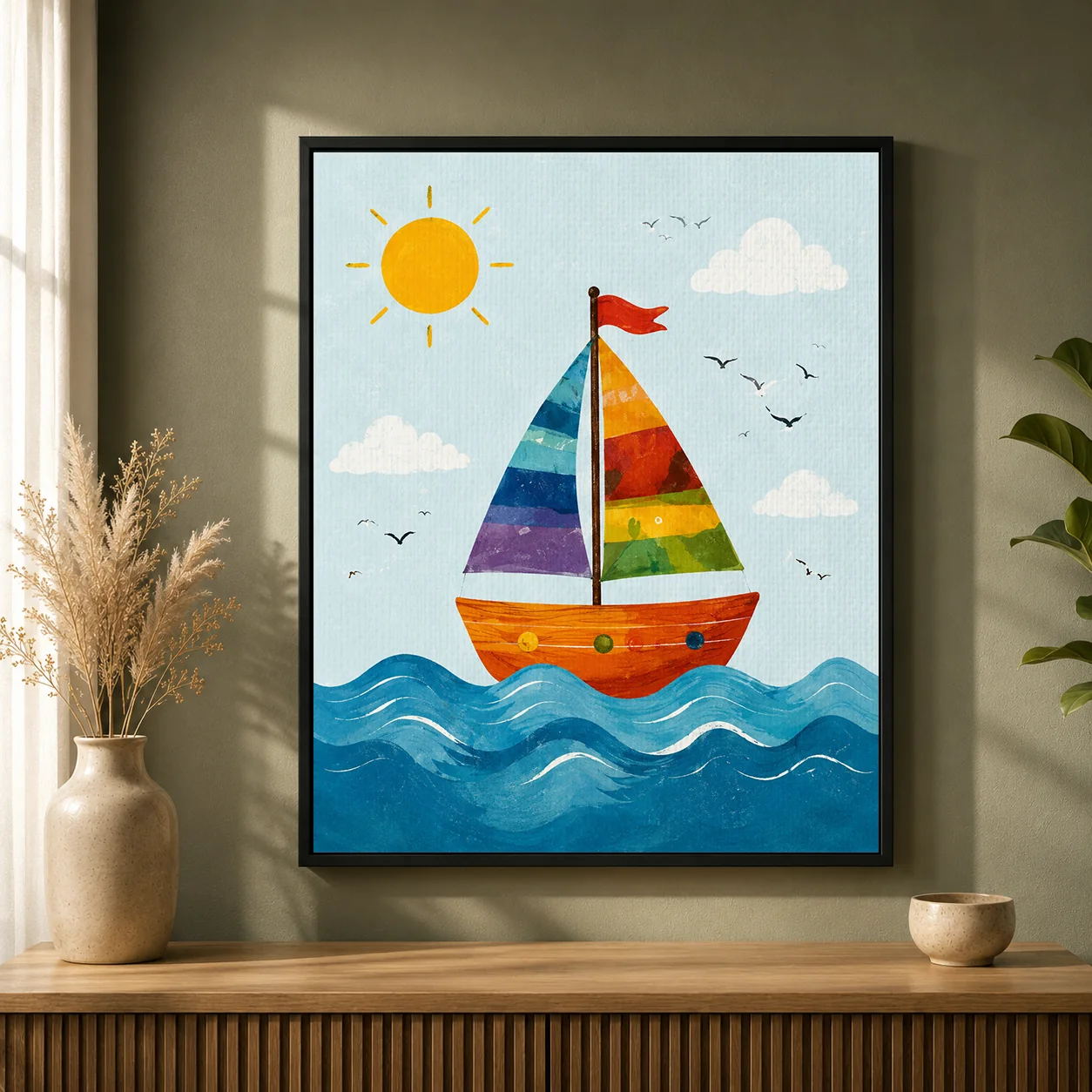 Rainbow Sailboat Ocean Canvas Print - Nautical Sailboat Kids Wall Art