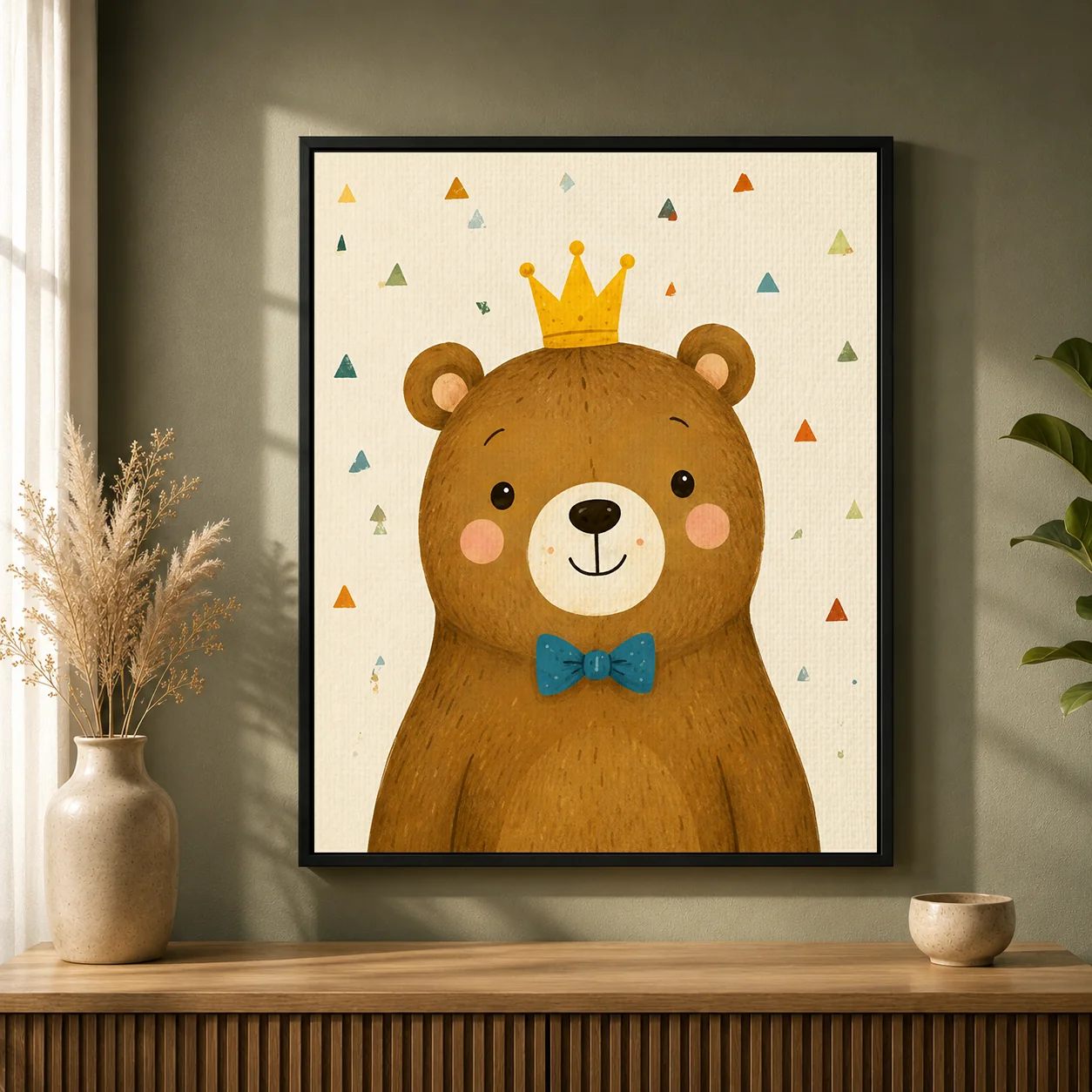 Cute Crowned Teddy Bear Canvas Print - Nordic Royal Bear Kids Wall Art