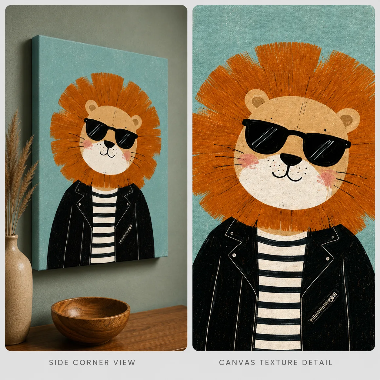 Cool Lion in Leather Jacket Canvas Print - Retro Hipster Lion Kids Wall Art - Image 4
