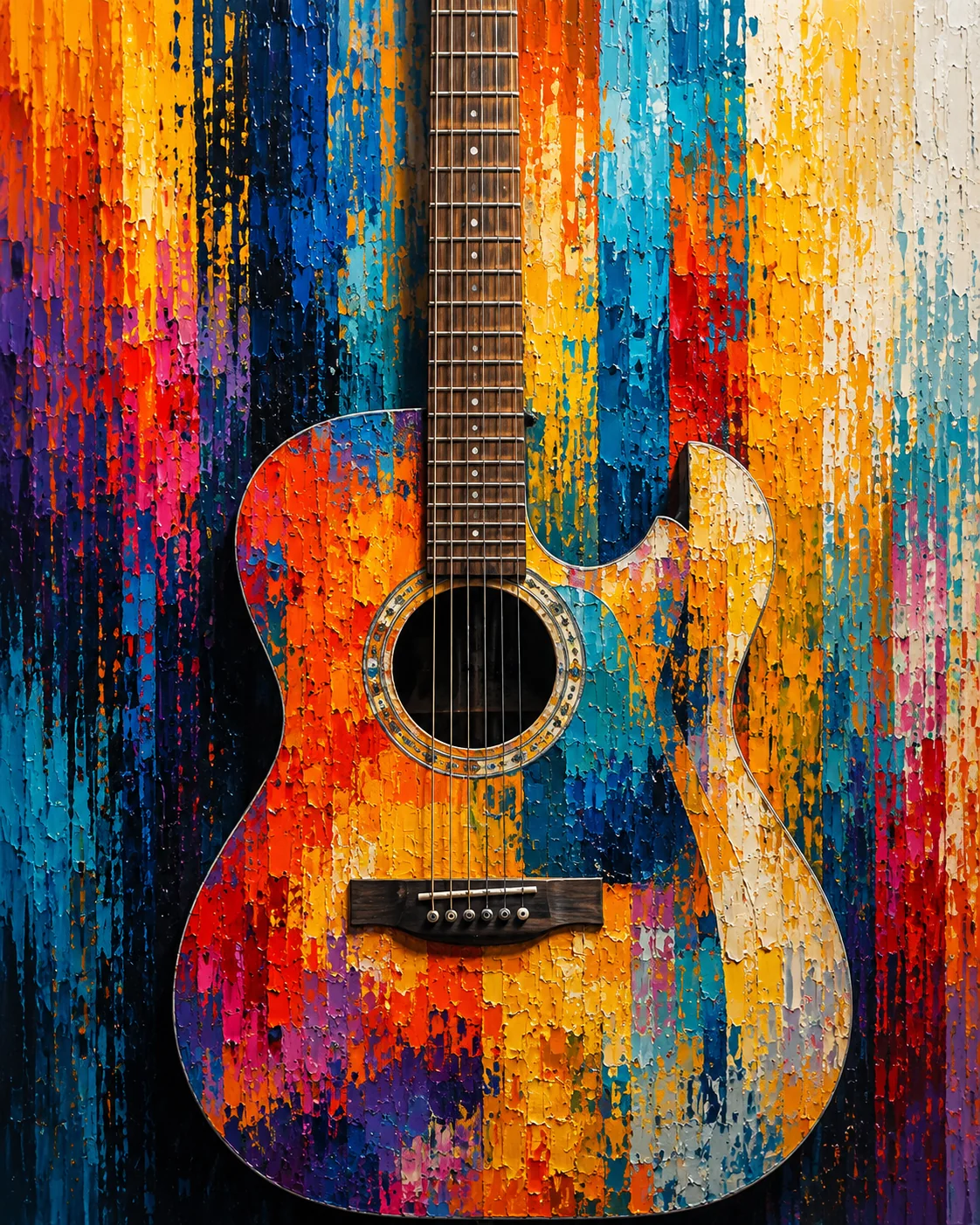 Acoustic Guitar Color Maximal Canvas Print - Retro Impasto Music Wall Art - Image 3