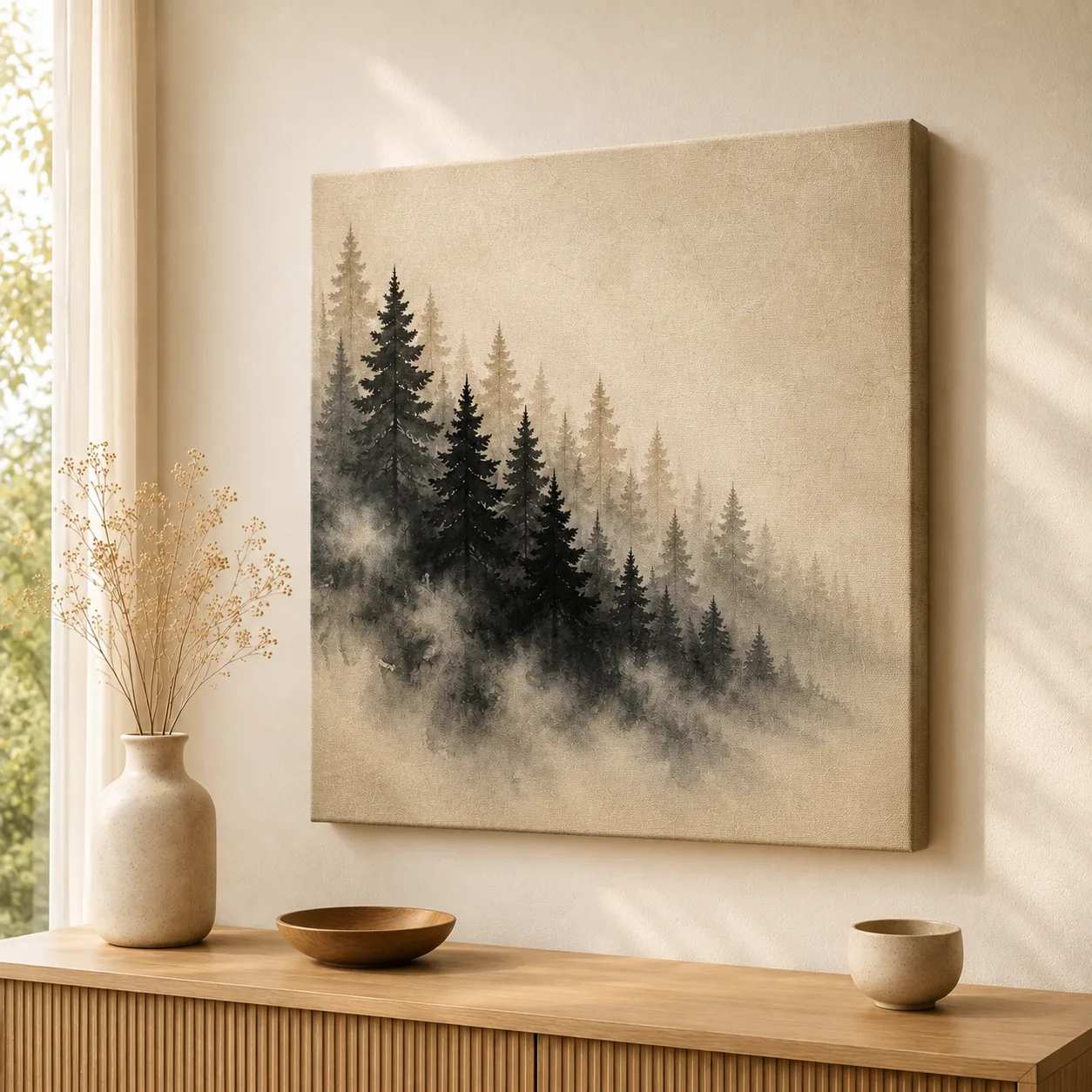 Misty Pine Forest Watercolor Canvas Print – Japandi Minimalist Vintage Mountain Landscape