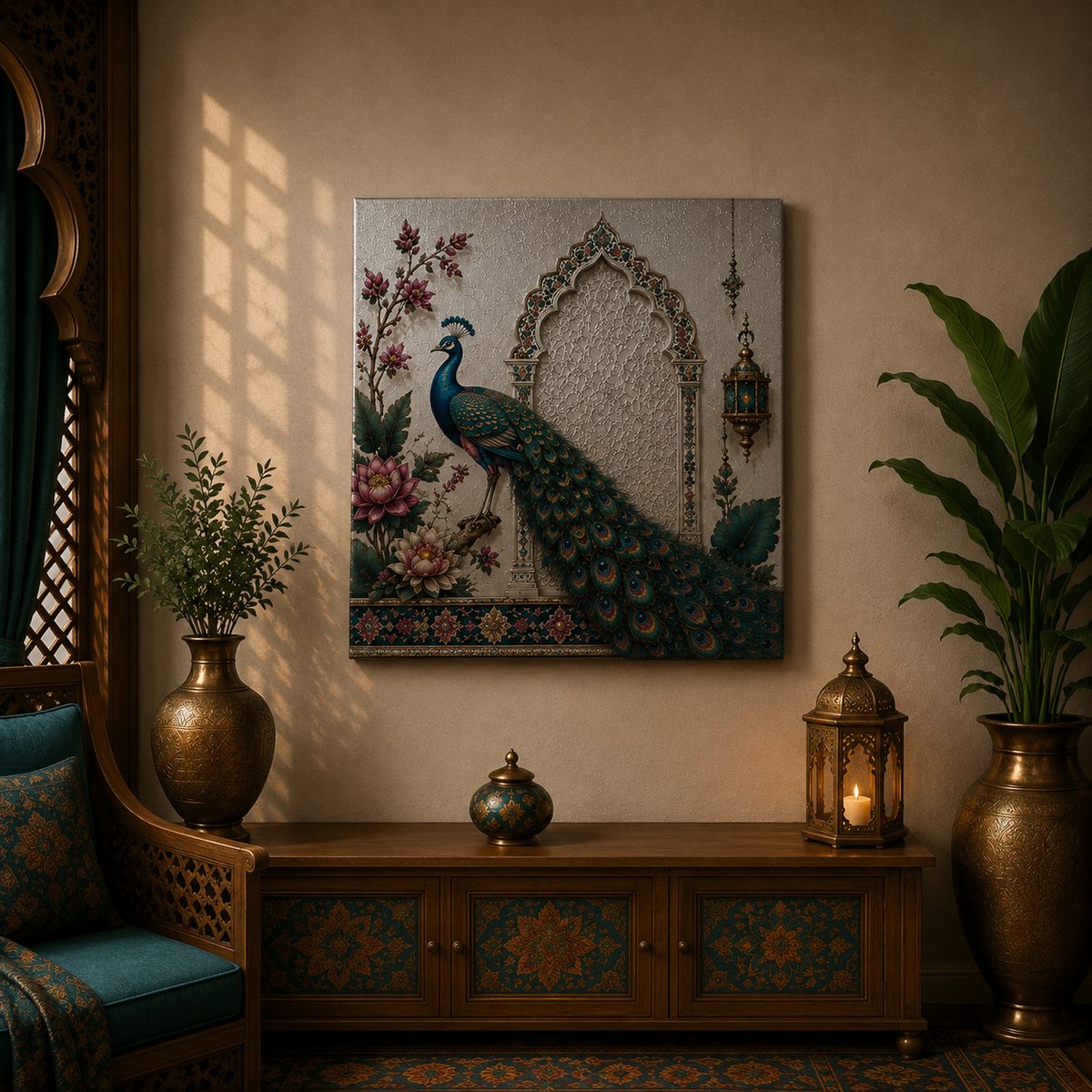 Luxury Royal Peacock Canvas Art – Premium Silver Metallic Mughal Arch Print