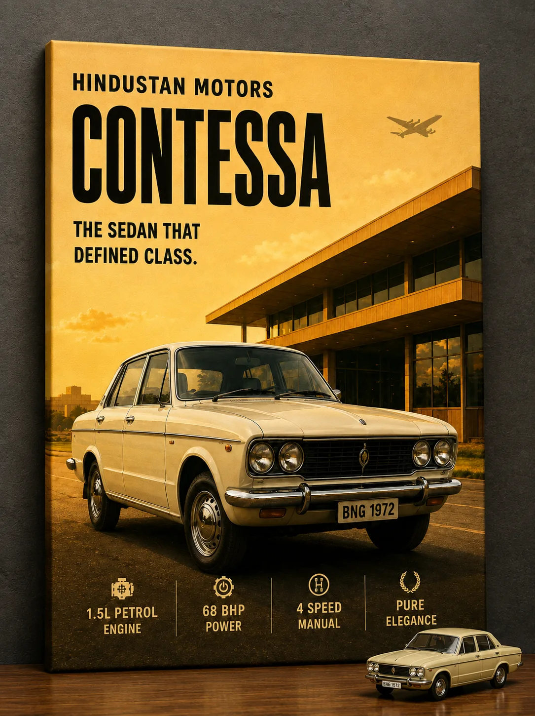 Vintage Hindustan Contessa Car Canvas Wall Art – Retro Indian Muscle Sedan Poster Print