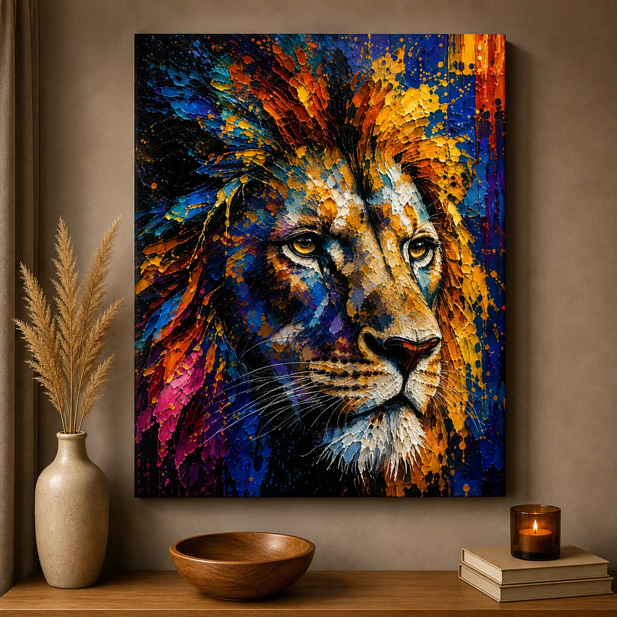 Abstract Lion Portrait Color Maximal Canvas Print - Retro Impasto Wildlife Wall Art - Image 4