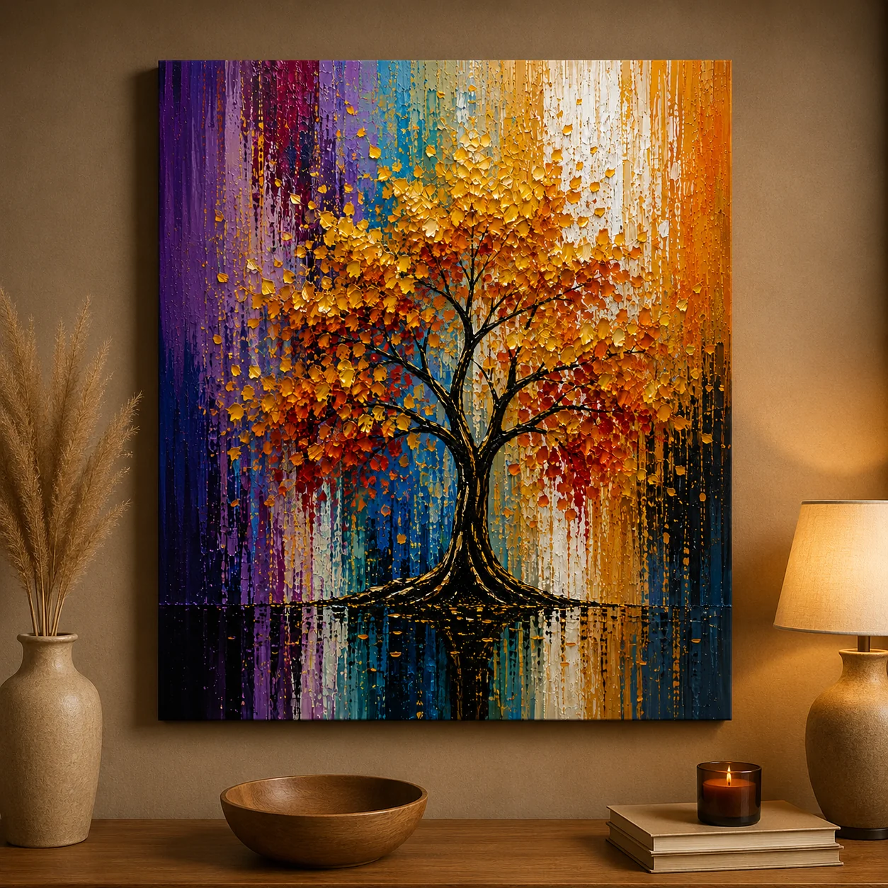 Golden Autumn Tree Landscape Color Maximal Canvas Print - Retro Impasto Nature Wall Art - Image 3