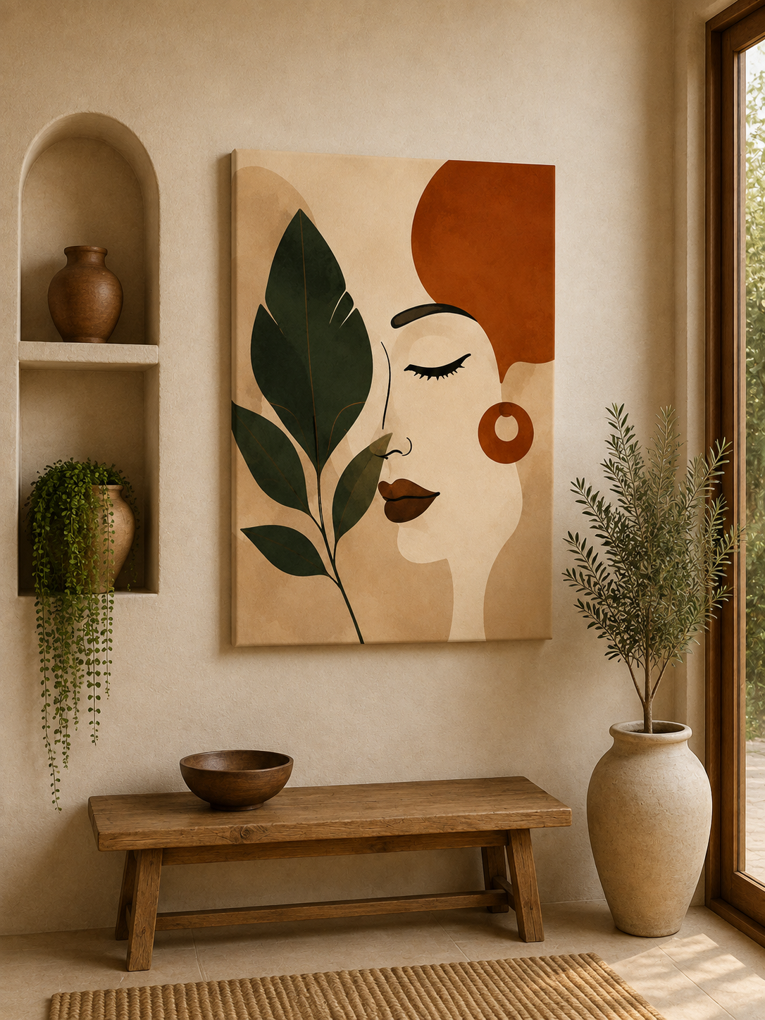 Abstract Minimalist Woman & Leaves Canvas Print - Terracotta & Green Boho Wall Art - Image 2