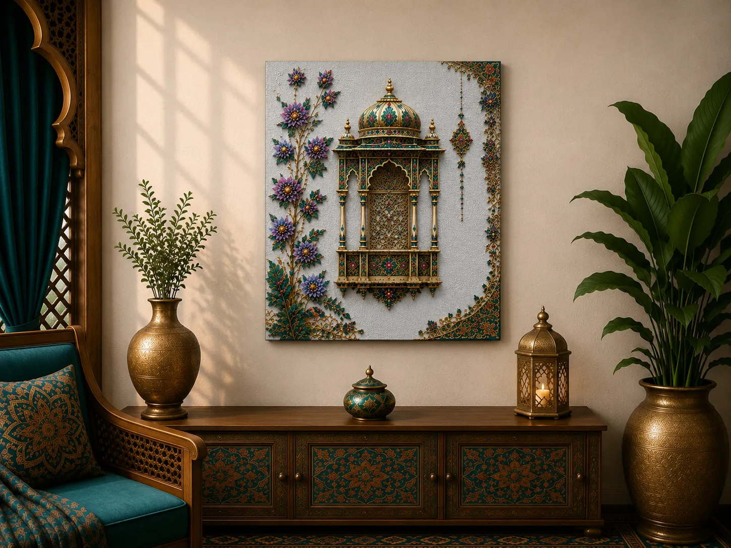 Luxury Ornate Mughal Window Canvas Art – Premium Silver Metallic Jharokha Print