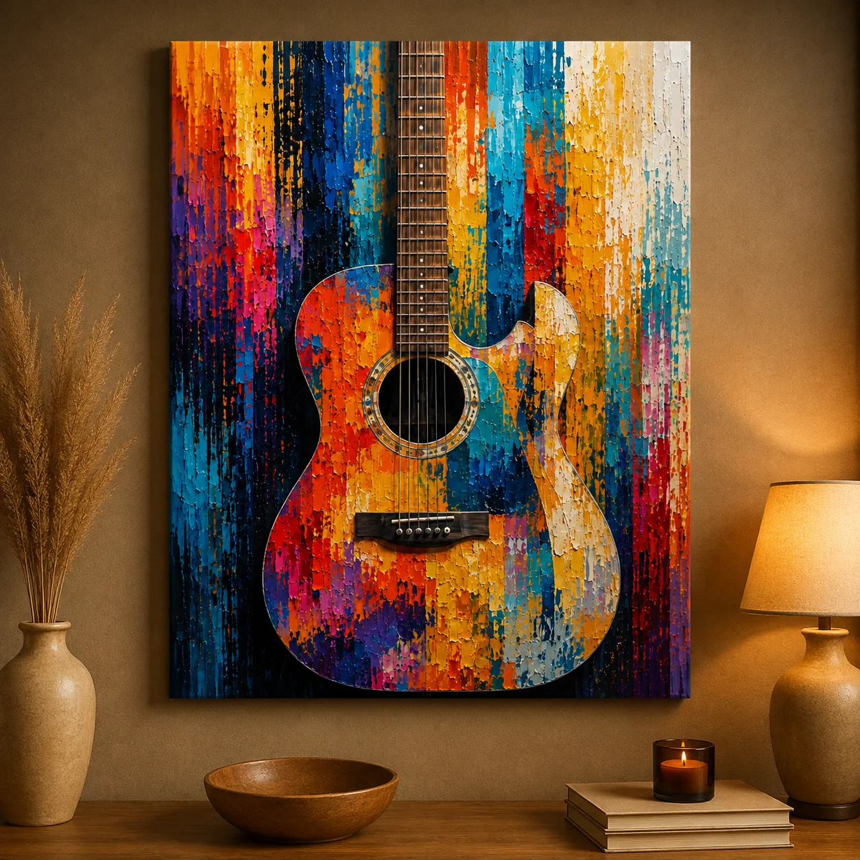 Acoustic Guitar Color Maximal Canvas Print - Retro Impasto Music Wall Art - Image 2