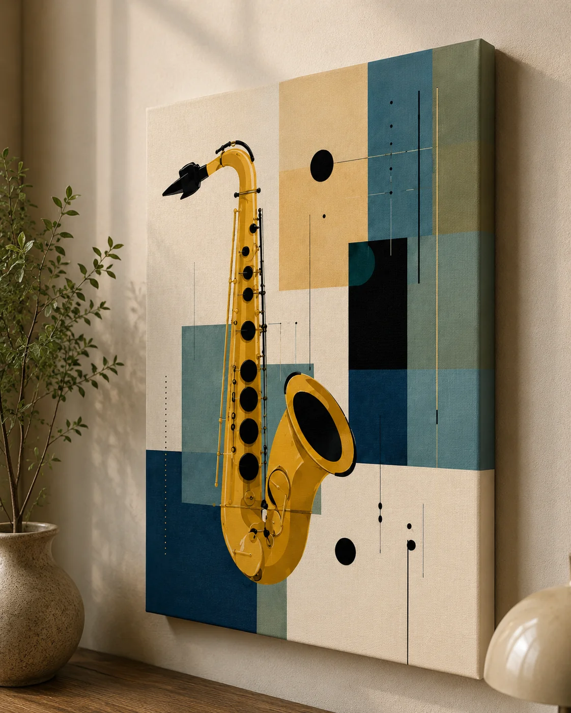 Bauhaus Abstract Saxophone Music Canvas Print -Mid-Century Modern Jazz Wall Art