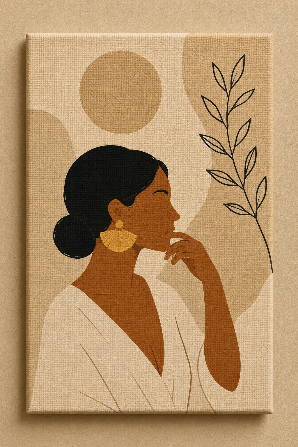 Minimalist Thinking Woman Canvas Print - Warm Ochre & Botanical Line Art Boho Wall Art - Image 3