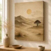 Misty Desert Landscape Canvas Print – Japandi Minimalist Vintage Mountain & Sun Wall Art
