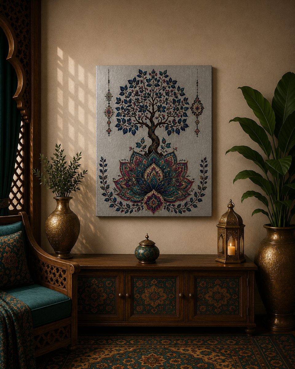 Luxury Tree of Life Canvas Art – Premium Silver Metallic Lotus Base Print