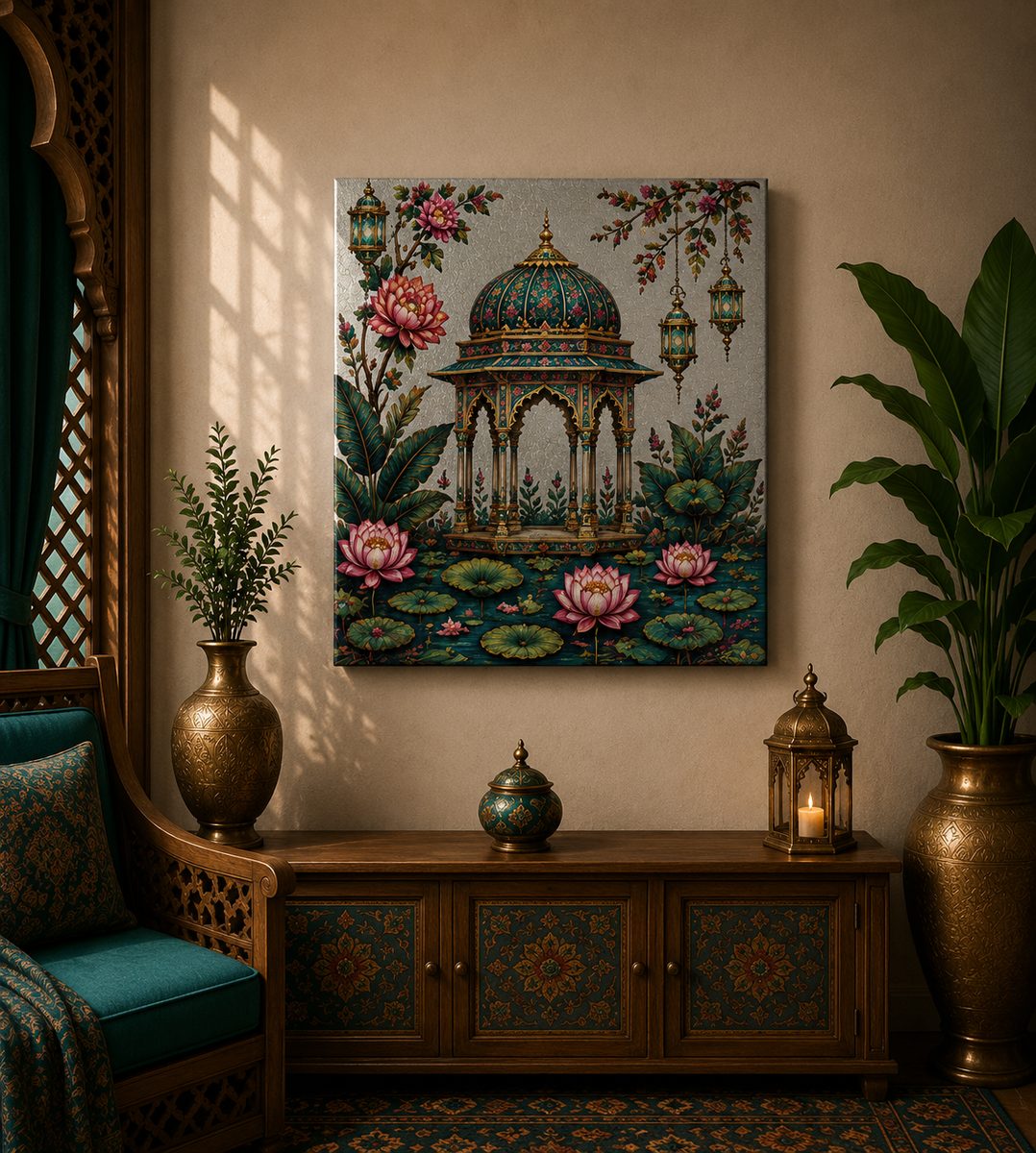 Luxury Mughal Pavilion Canvas Art – Premium Silver Metallic Lotus Garden Print - Image 2