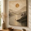 Serene Mountain Lake & Sun Canvas Print – Japandi Minimalist Vintage Fisherman & Landscape Wall Art