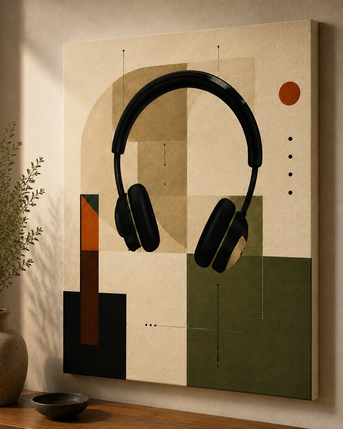 Bauhaus Abstract Headphones Music Canvas Print - Mid-Century Modern Audio Wall Art