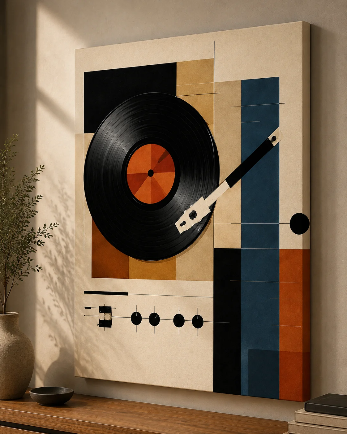 Bauhaus Abstract Vinyl Record Player Canvas Print-Mid-Century Modern Retro Music Wall Art