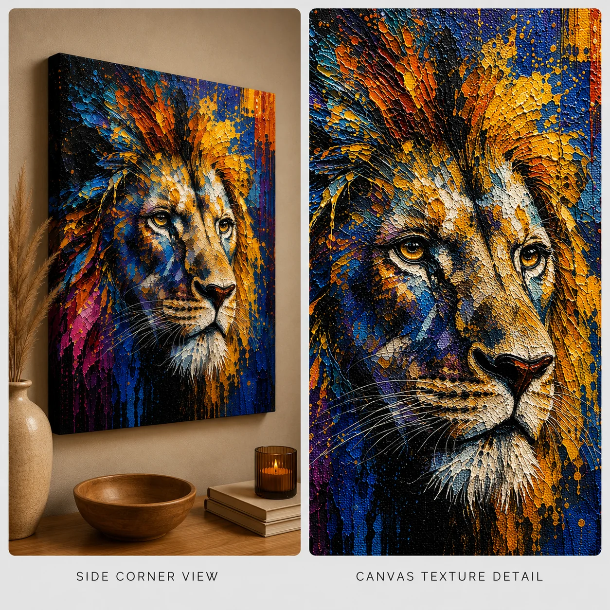 Abstract Lion Portrait Color Maximal Canvas Print - Retro Impasto Wildlife Wall Art - Image 2