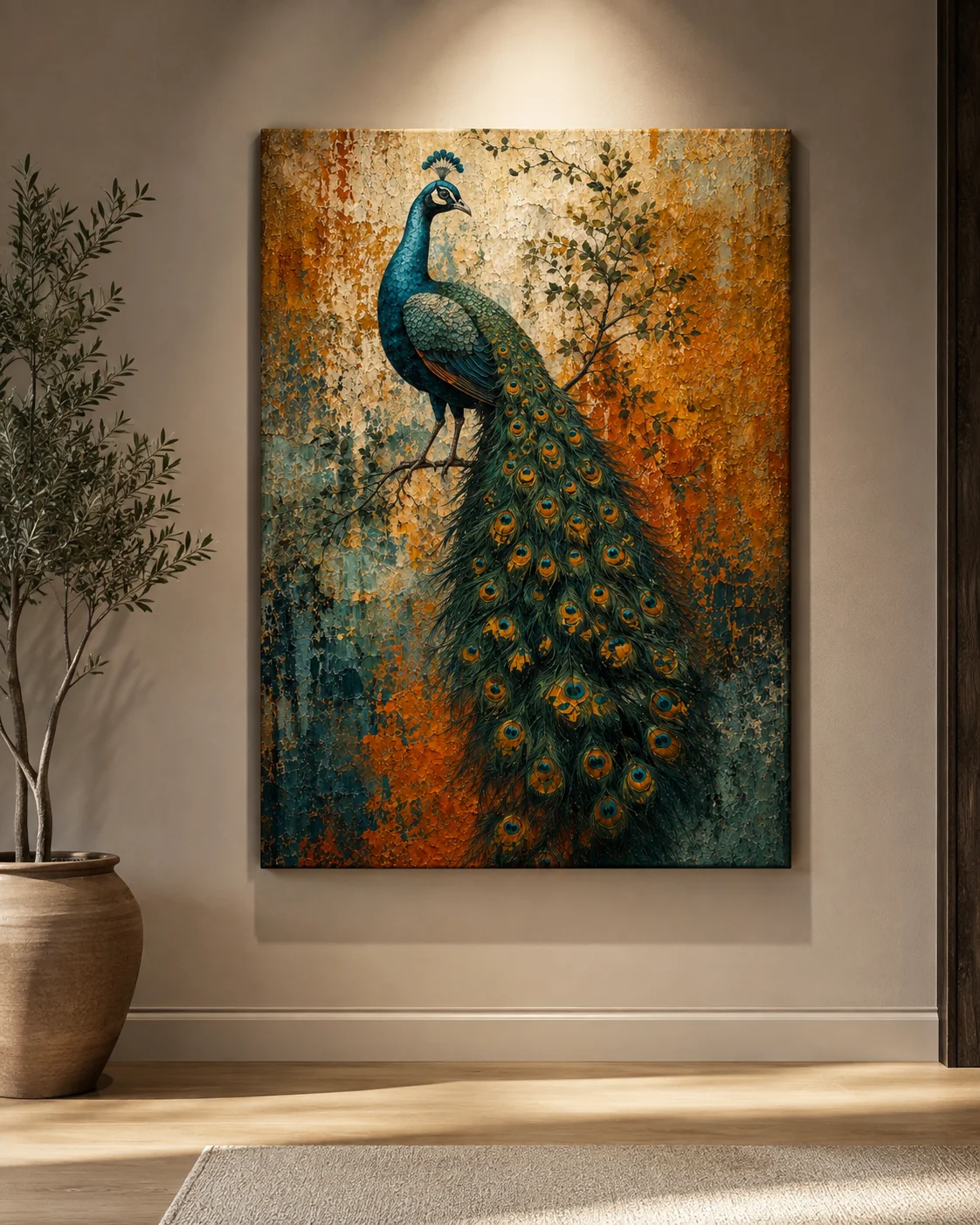 Majestic Regal Peacock Canvas Print – Distressed Vintage Fresco Wildlife Wall Art